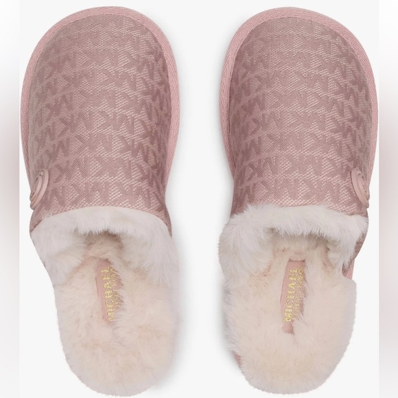 NWT Michael Kors Fluff MK Signature Logo Pattern Slippers - Picture 2 of 3